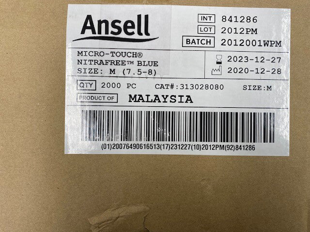 (Case of 2,000) 313028080 Ansell Exam Gloves, 7.5-8 Medium, Blue, Powder-Free