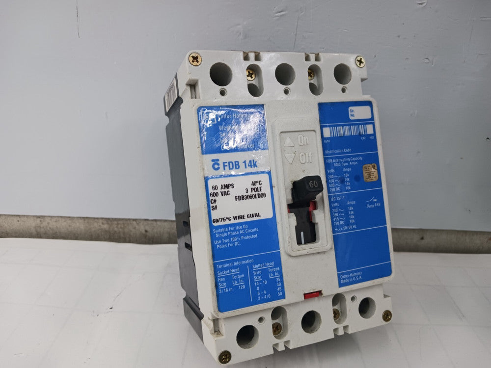 CUTLER HAMMER 60 AMP CIRCUIT BREAKER 3 POLE 600 VAC FDB3060LD08