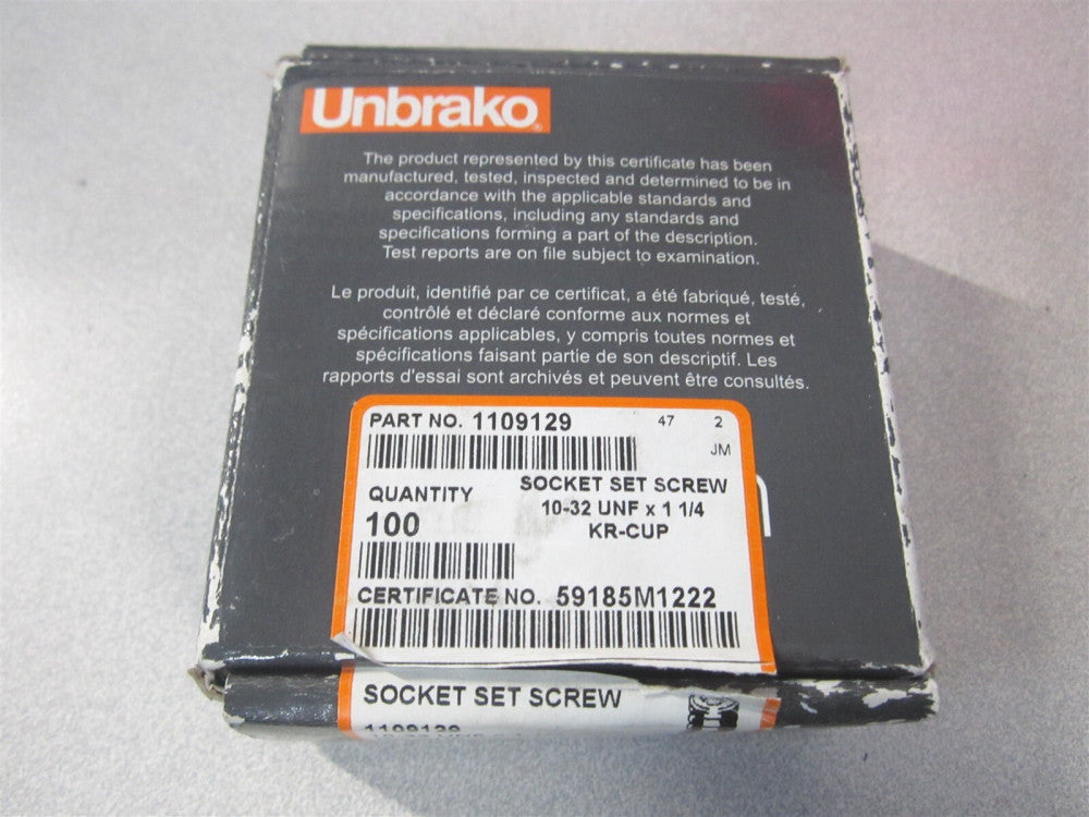 Unbrako (109129) #10-32, 1-1/4" Alloy Steel, Grade 8 Set Screw - Pack of 100