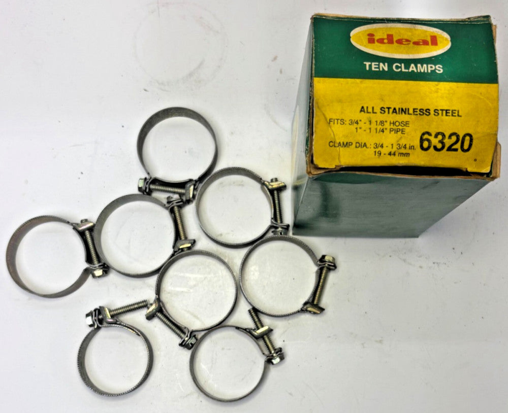 IDEAL TEN CLAMPS ALL STAINLESS STEEL 6320 PIPE SIZE 1"-1-1/4" CLAMP DIA. 3/4"