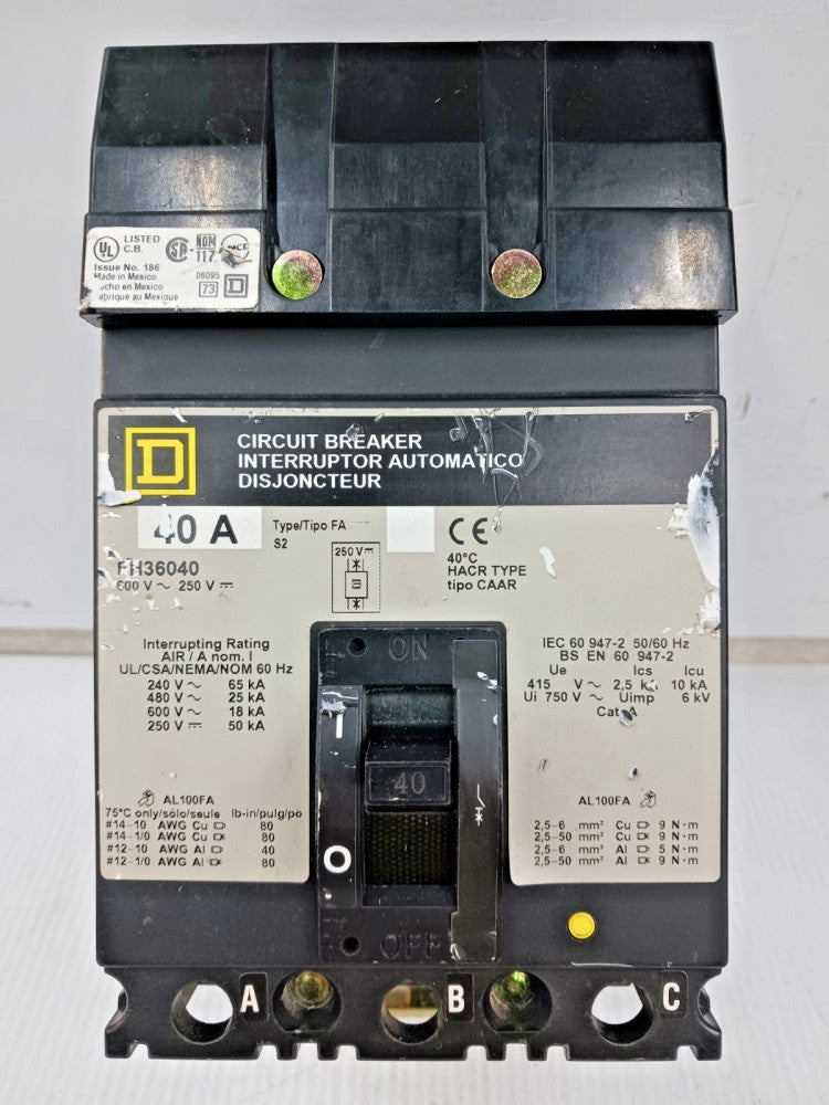 Square D 40 Amp I-Line Circuit Breaker 3 Pole 600 VAC / 250 VDC 25kA FH36040