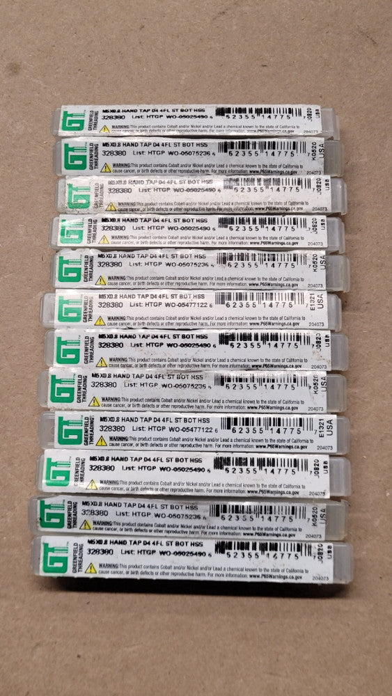 Lot of 12 Greenfield 328380 M5 X 0.8 Hand Taps D4 4FL Straight Bottoming HSS