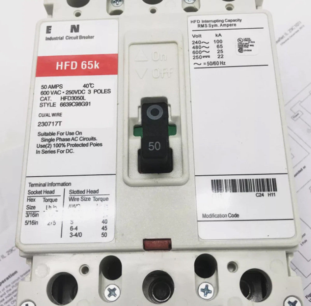 One Brand New Circuit Breaker for EATON HFD3050L 3 Pole 50Amp 600 Vac