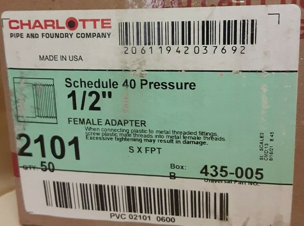 NEW charlotte pipe 2101, 435-005 female adaptor 1/2" (50 PC LOT)