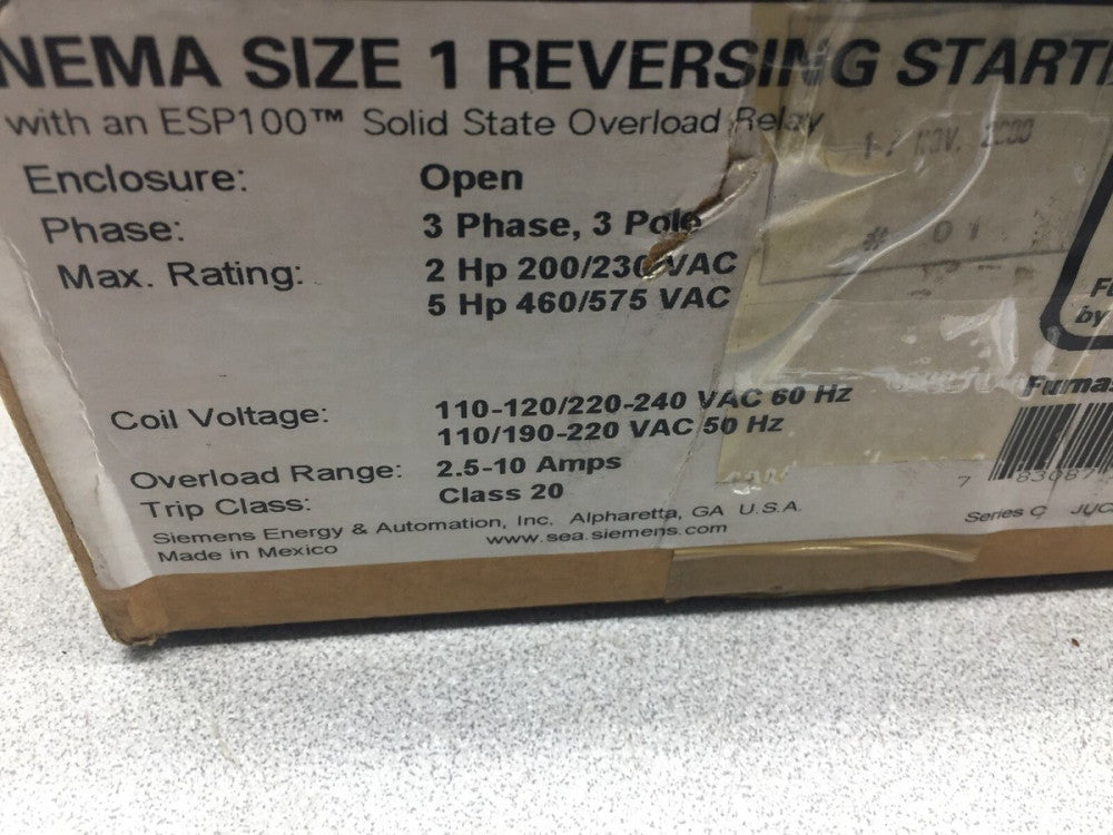 NEW IN BOX SIEMENS SIZE 1 3 POLE 600 VAC 27 AMPS 10 HP 120/240 VAC COIL REVERSIN