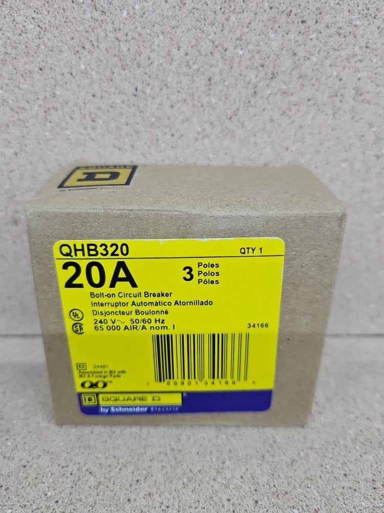 Square D QHB320 Circuit Breaker 20A 3P 120/240V 65kA Bolt On 20 Amp 3 Pole