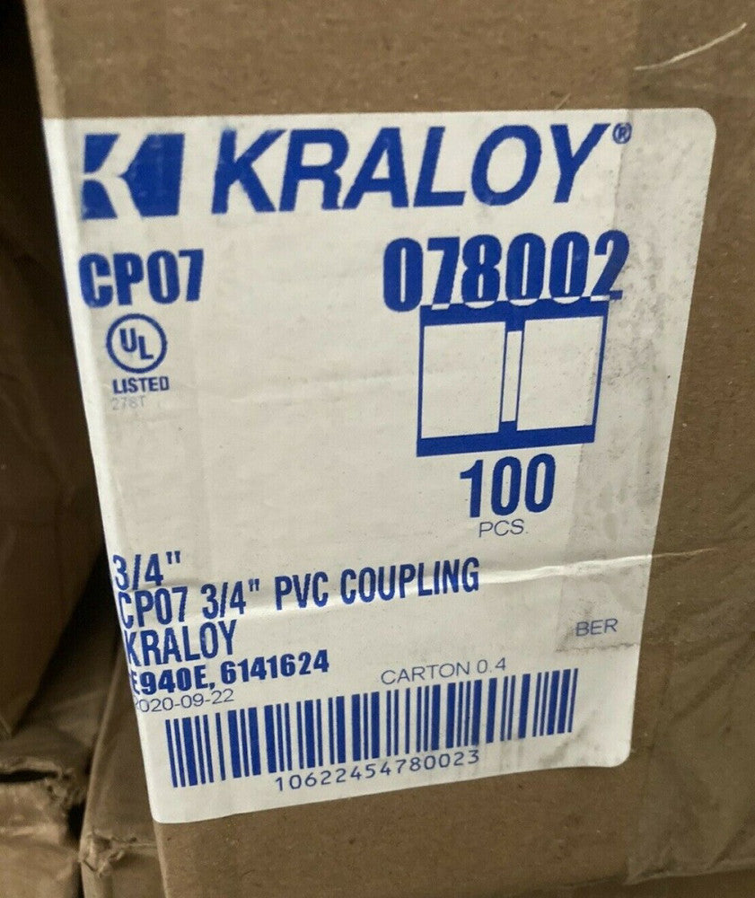 NEW KRALOY CP07 3/4" PVC COUPLING, 078002, LOT OF 100