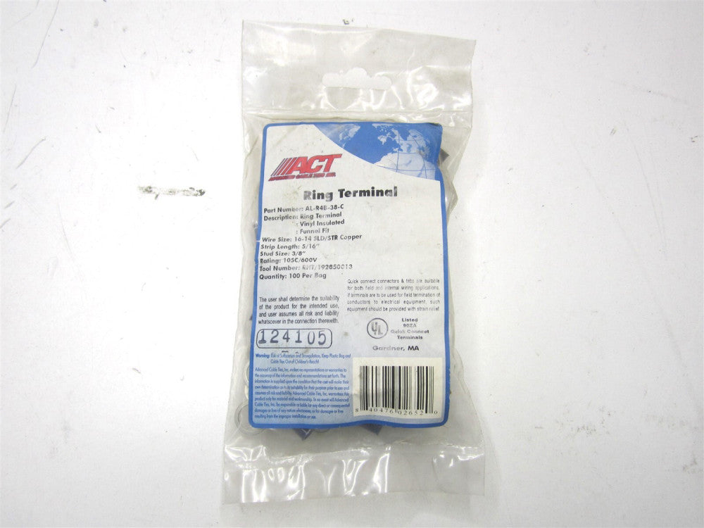 ACT (AL-R4B-38-C) 16-14 AWG Blue Vinyl Ring Terminal - Pack of 100