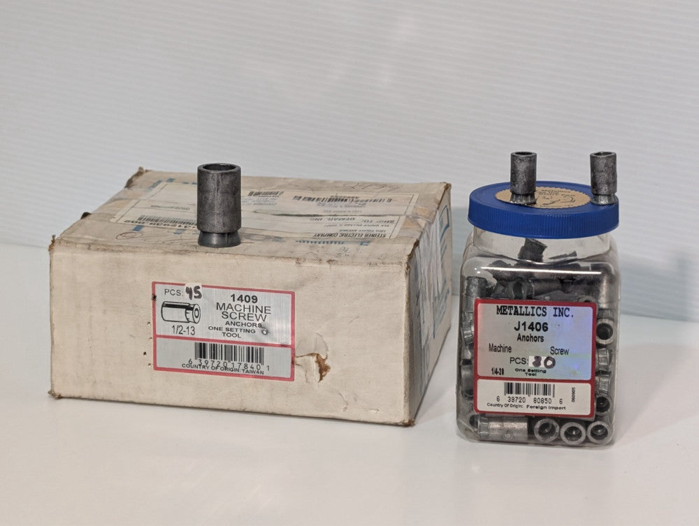 Lot of 30x 1/4-20, 45x 1/2-13 Metallics Inc J1406 J1409 Machine Screw Anchors
