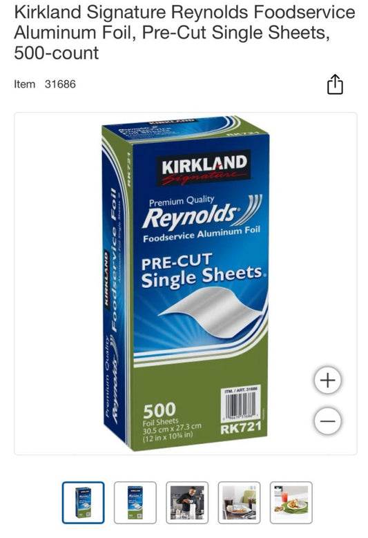 2-PAK Kirkland Reynolds Foodservice Aluminum Foil 12x10.75 in, Total 1000 Sheets