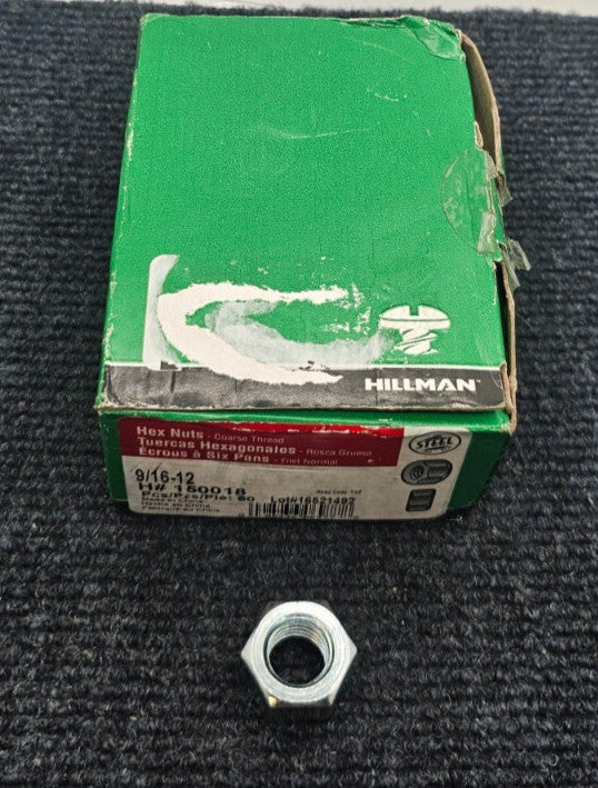 (50 PIECES) Hillman 150018: 9/16-12 Zinc-Plated Hex Nuts Grade 2 Course Thread