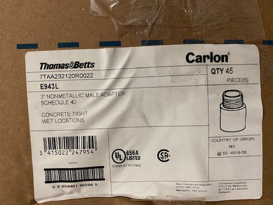 (Case of 45) Thomas & Betts E943L 3" SCH 40 Male Adapter (NEW)