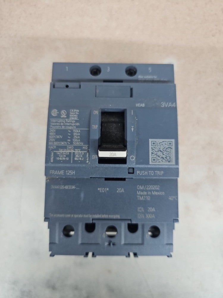 1) New Take Out Siemens 3VA4120-6ED34-0AA0 20A 600V 3P Bolt On Circuit Breaker