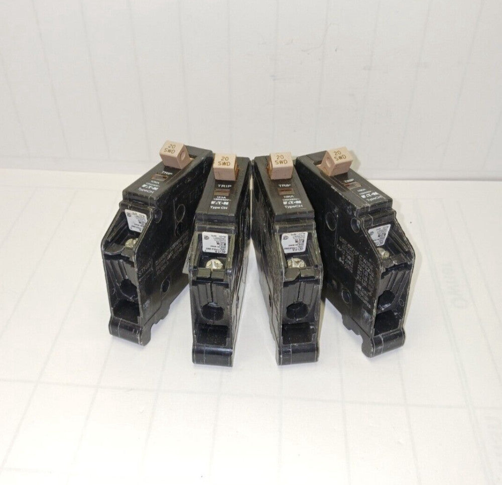 4) EATON 20 AMP CIRCUIT BREAKER 120/240 VAC CHF120  LOT OF 4