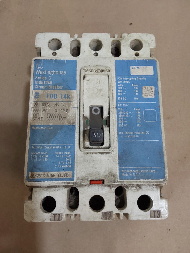 Westinghouse FDB3030L Circuit Breaker 30A 3P 600V w/ A1X1PK Aux Switch Blue