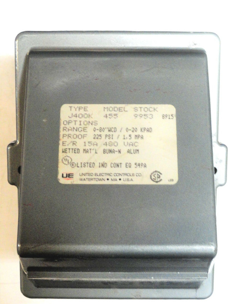  United Electric ~ J400k-455 ~ Pressure Switch ~ 15A ~ 480 VAC ~ 225 PSI ~ NEW