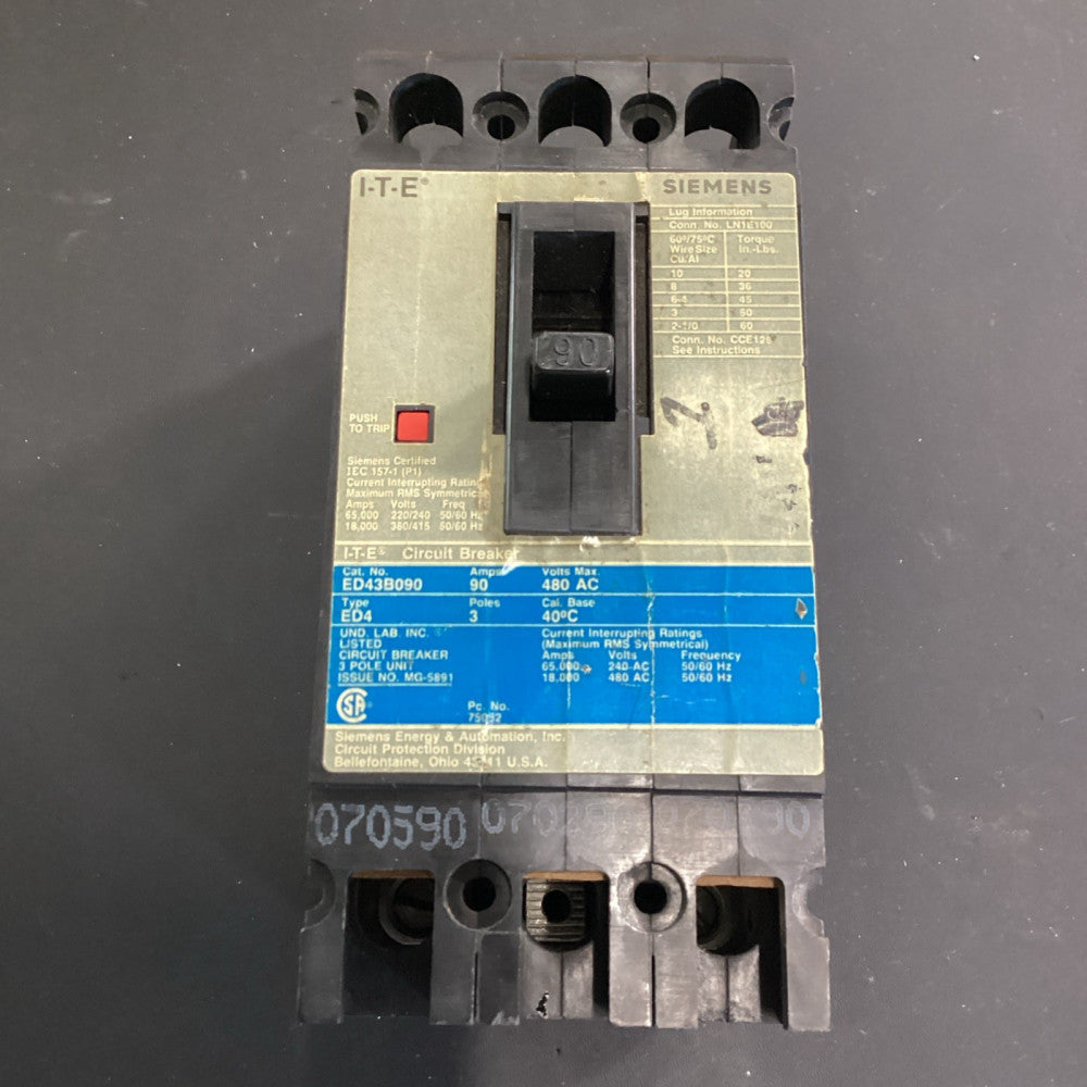 ED43B090 Siemens 90 Amp 3 Pole 480 Volt Circuit Breaker USED (MISSING LUG)