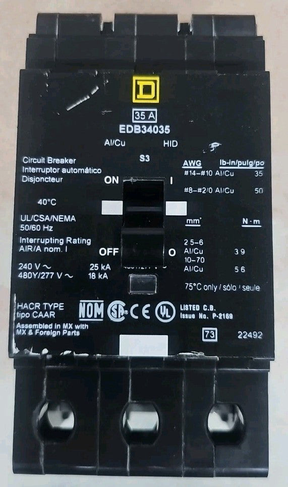 NOS SQUARE D EDB34035 EDB 3 POLE 35AMP 480v CIRCUIT BREAKER NT