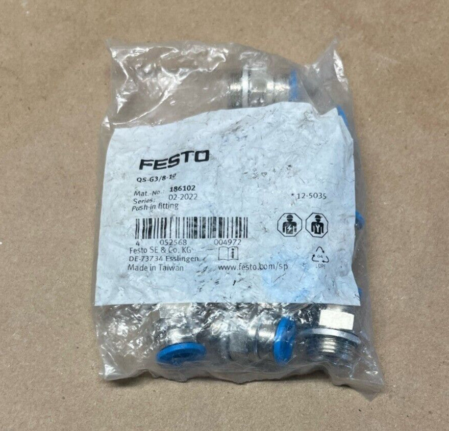 Bag of 10 FESTO QS-G3/8-10 Push-In Fittings 186102