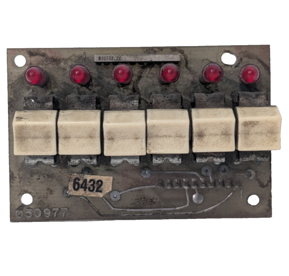 050977 pcb board assembly with six red indicator lights and white pushbuttons
