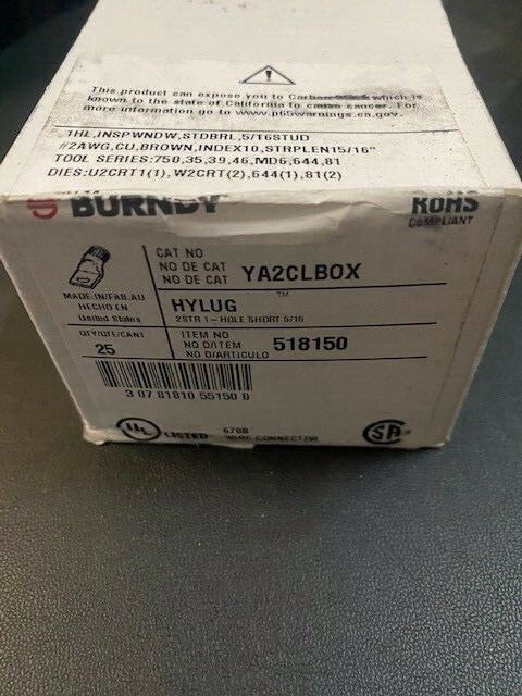(Box of 25) YA2CLBOX / 518150 BURNDY HYLUG #2 COMPRESSION LUGS (NEW)