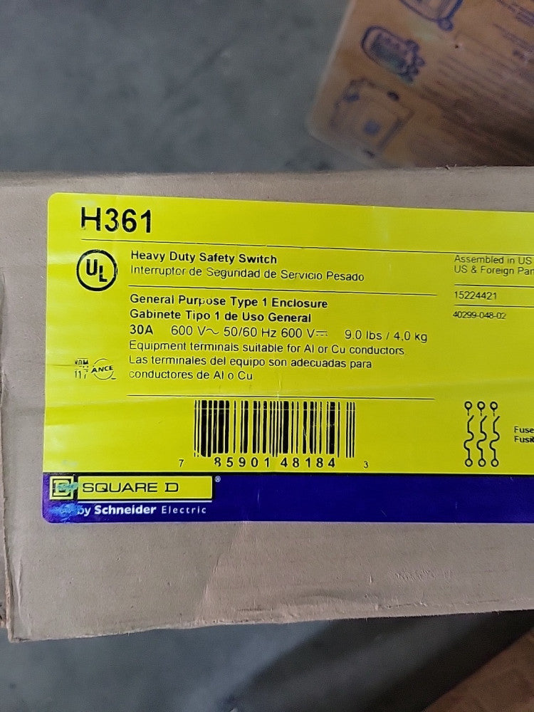 Square D HU361 30 Amp 600V 3Ph Non-fuse Heavy Safety Switch Nema 1 New In Box
