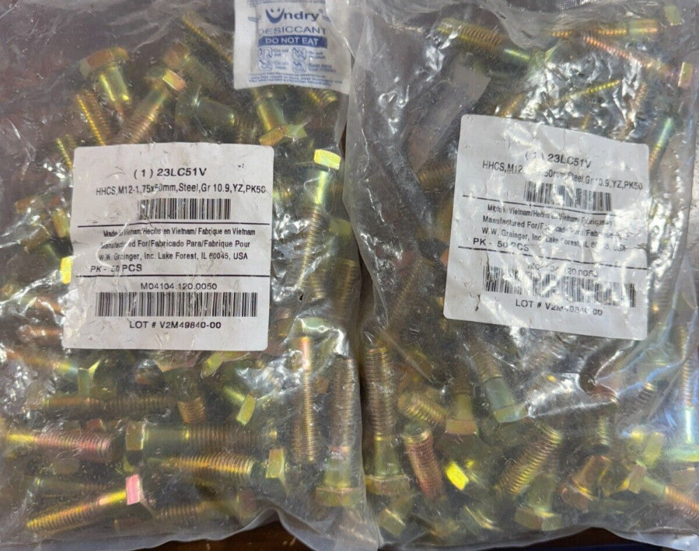 100pc Hex Head Cap Screw Steel Class 10.9 M12-1.75 50mm Metric 23LC51V