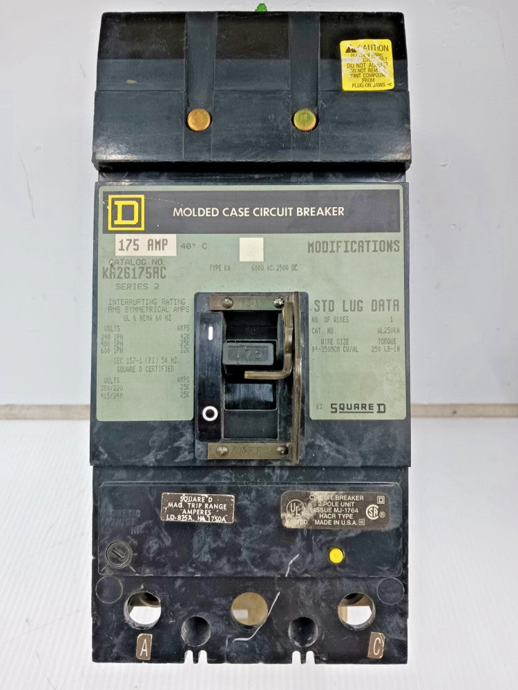 Square D 175 Amp I-Line Molded Case Circuit Breaker 2 Pole 600 VAC KA26175AC
