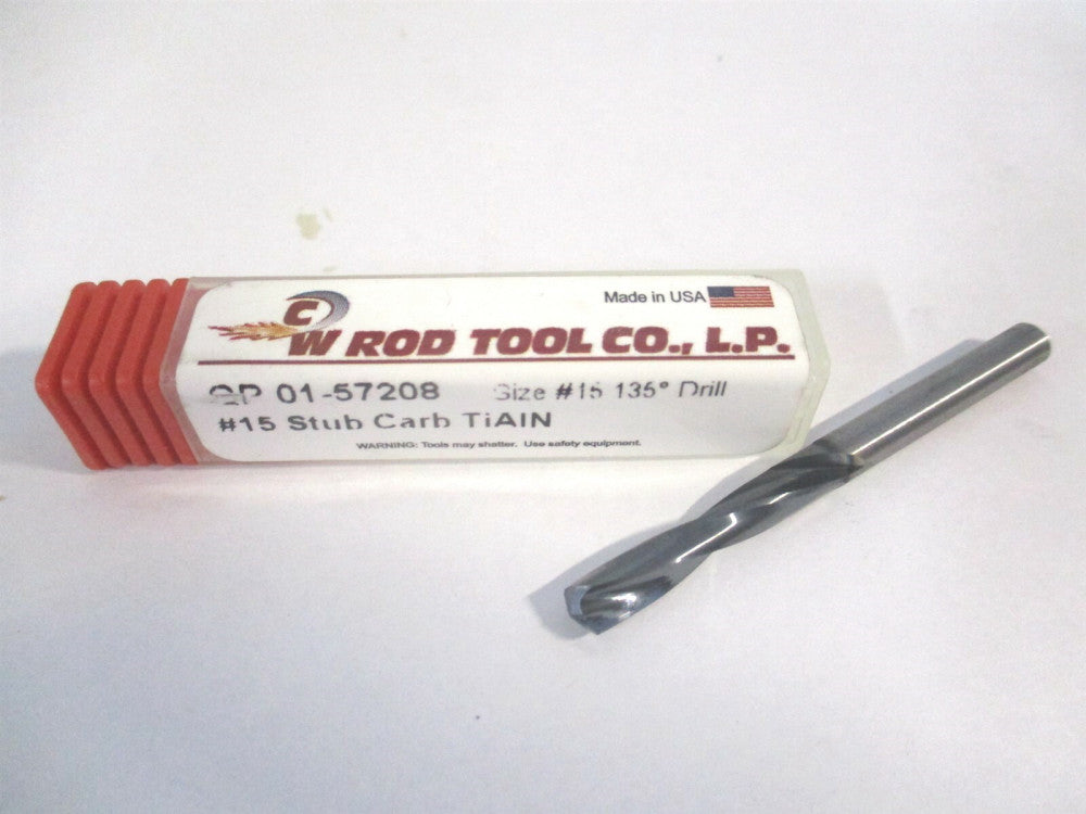 W Rod Tool Co. (01-57208) #15 135° TiAlN Solid Carbide Stub Drill Bit 