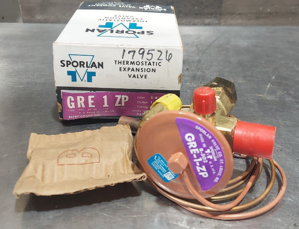 SPORLAN GRE-1-ZP Thermostatic Expansion Valve 3/8" Inlet 1/2" outlet. 5' tubing