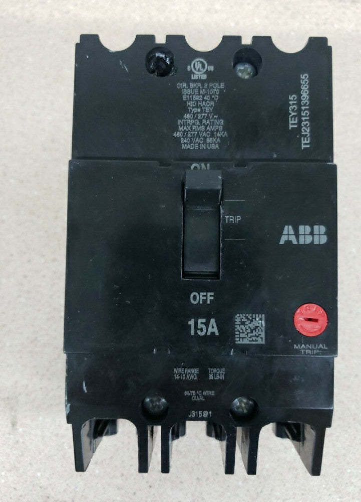 New Old Stock! General Electric TEY315 Circuit Breaker Bolt-On 3P 15 Amp 480V NT