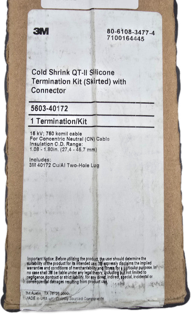 3M Cold Shrink QT-II 5603-40172 Termination Kit (skirted) with connector