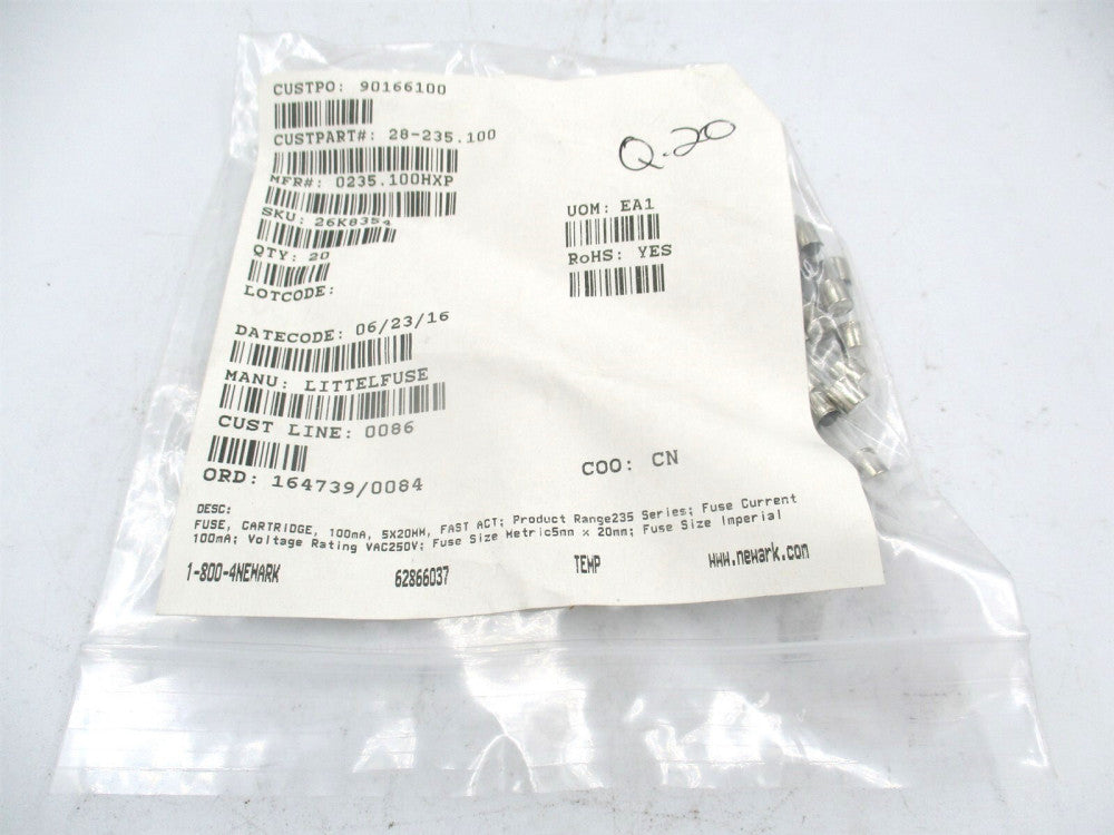 Littelfuse (0235.100HXP) 100 mA 250 V AC DC Glass Fuse Cartridge - Pack of 20 