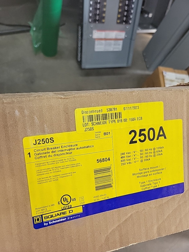 SCHNEIDER SQUARE D J250S Circuit Breaker NEMA-1 Enclosure 250 Amp Max