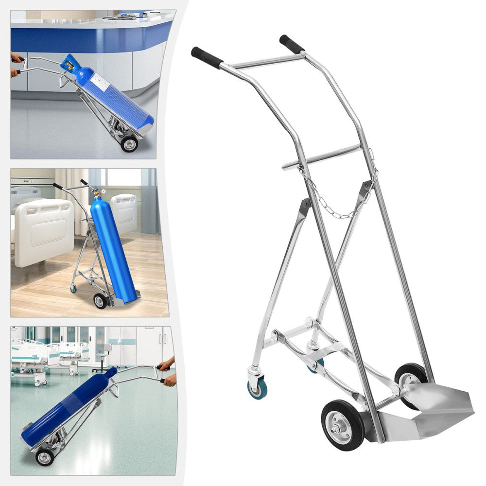 Large Oxygen Tank Cart Dolly Full Range High Rail with Wheels Silver NEW US