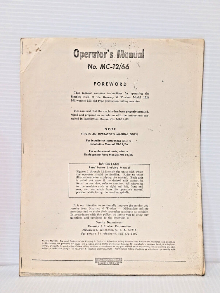 Kearney & Trecker Milwaukee No. 12/66 Mill Bed Milling Machine Manual, as shown