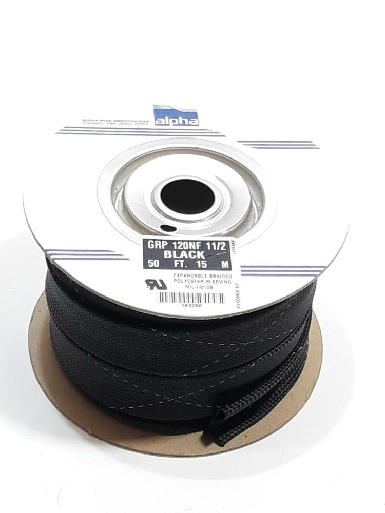 Alpha GRP 12ONF 11/2 BLACK 50FT Expandable Braided Polyester Sleeving 