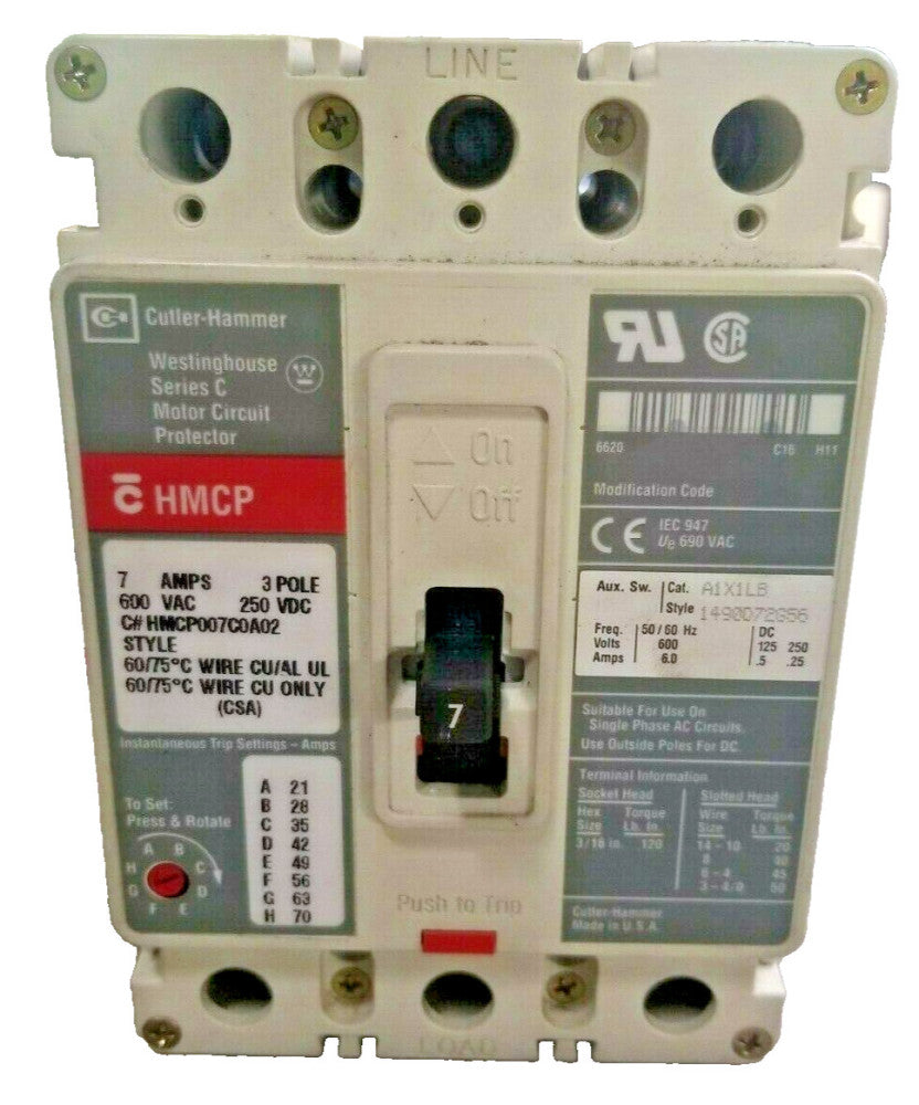 CUTLER HAMMER 7 AMP CIRCUIT BREAKER WITH AUXILIARY 600 VAC 3 POLE  HMCP007C0A02
