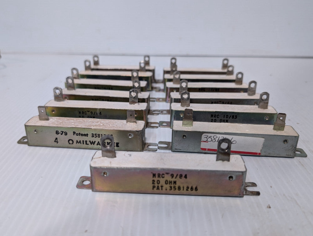 Lot of 13 Milwaukee (MRC) Resistors, Qty 12 are 20 OHM, 1 is 4 OHM, PAT. 3581266