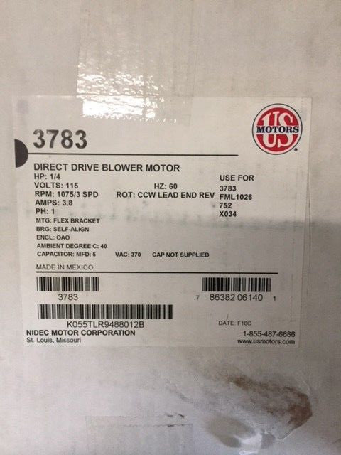 3783 US Motors Direct Drive Fan & Blower Motor, Flex Mount 1/4 HP, 115 Volts NEW