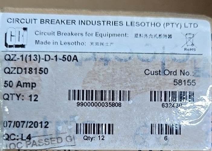 CBI Box of 12 QZD18150 50 Amp 1 Pole Circuit Breaker