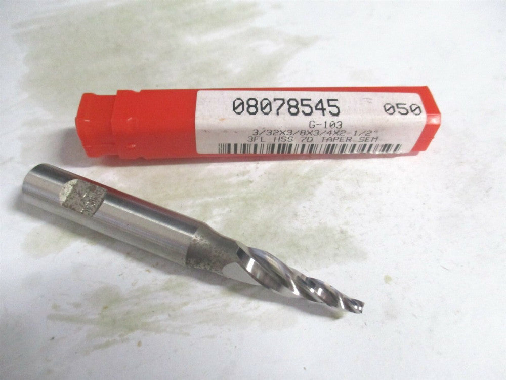 (R-103) 3/32" x 3/4" x 3/8" x 2-1/2" OAL 3-Flute HSS Tapered Square End Mill 