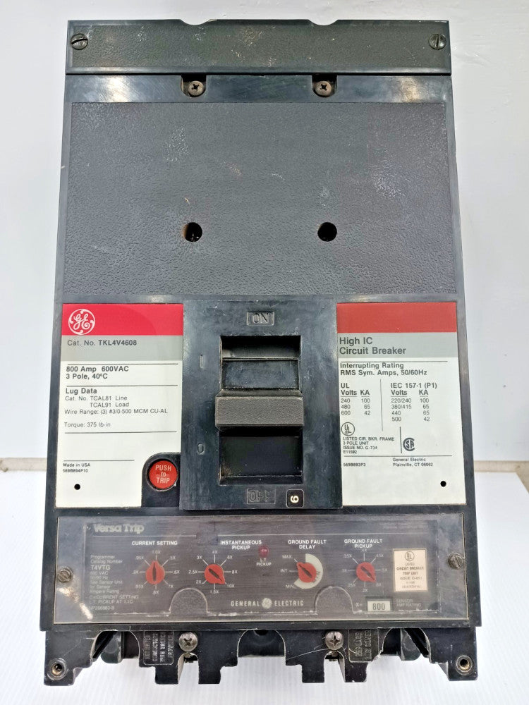 GE 800 Amp Circuit Breaker 3 Pole 600 VAC TKL4V4608 W/ 800 Amp Versa Trip T4VTG