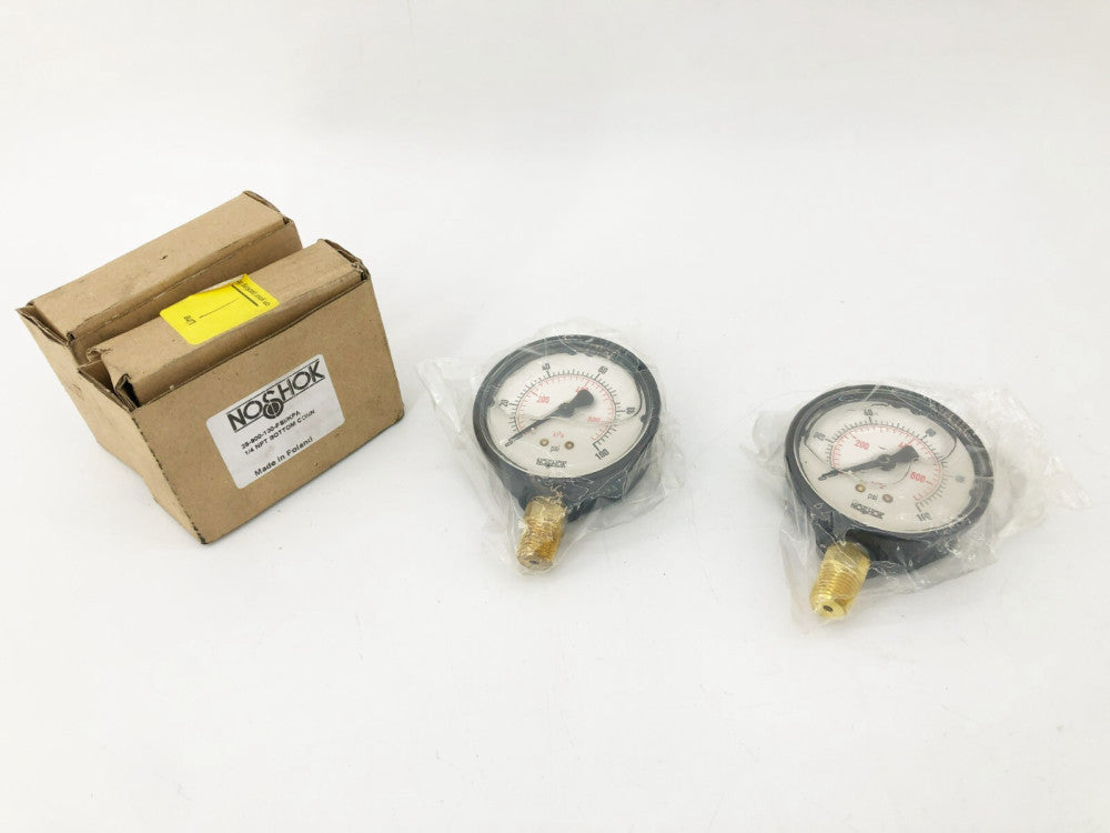 Lot of 2 New NoShok 25-900-100 PSI/KPA Pressure Gauges 1/4" NPT Bottom Mount