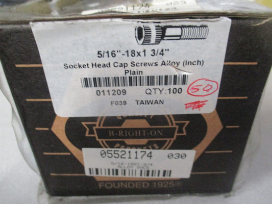 (011209P) 5/16-18 UNC Alloy Steel Black Oxide Hex Socket Cap Screw - Pack of 50
