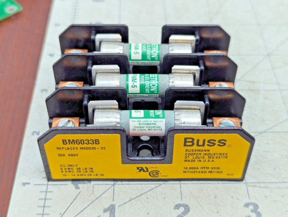 3 FNM-5 Fusetron Fuses And 1 BM6033B Buss Fuse Holder WORKING PULL [OF18]