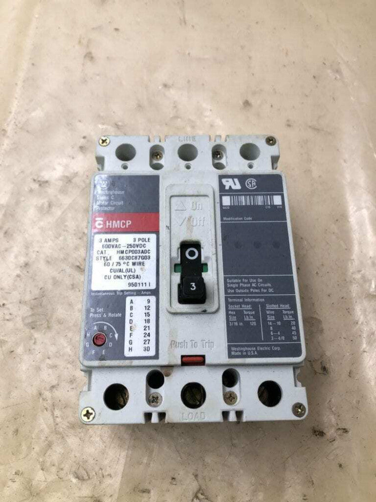 Westinghouse HMCP003A0C 3A Circuit Breaker 600 VAC 3 amp