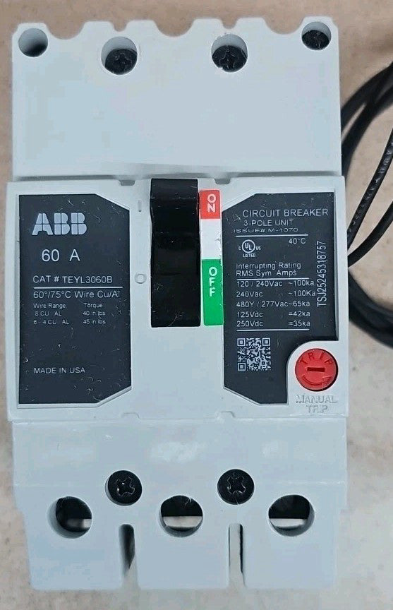 General Electric TEYL3060B Bolt-On Circuit Breaker 60A w/ 24vdc shunt trip NTO