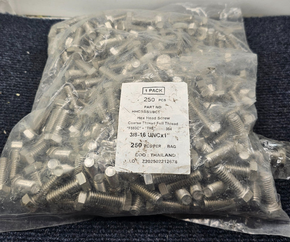 (250 PCS) HHCSSS3/8C1: 3/8-16 UNC x 1" Hex Head Screw Course Thread Full Thread