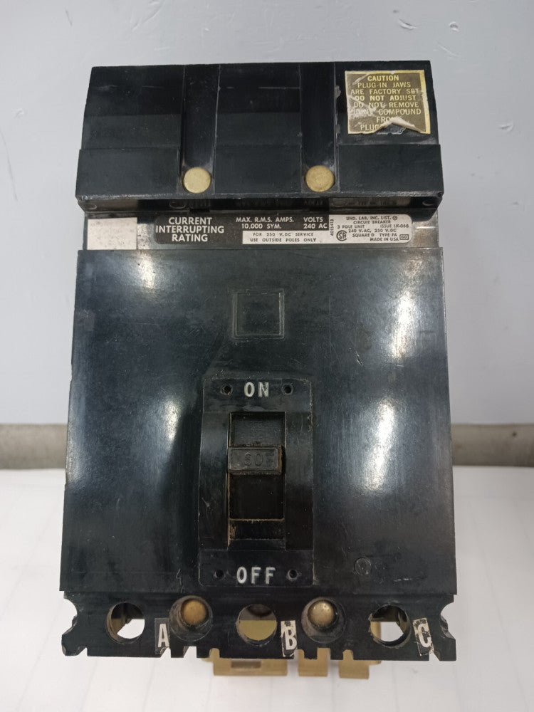 SQUARE D 60 AMP CIRCUIT BREAKER 3 POLE 240 VAC FA-32060 #1